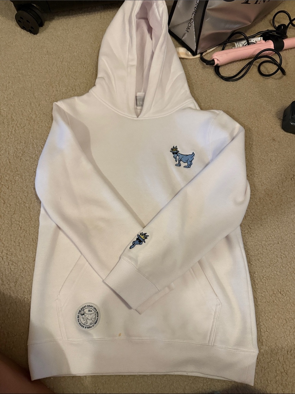 White Kids Hoodie with Blue Goat Patch
